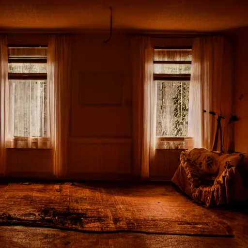 Image similar to photo from inside a living room at night. There is something peeking in the window. Horror, dramatic lighting