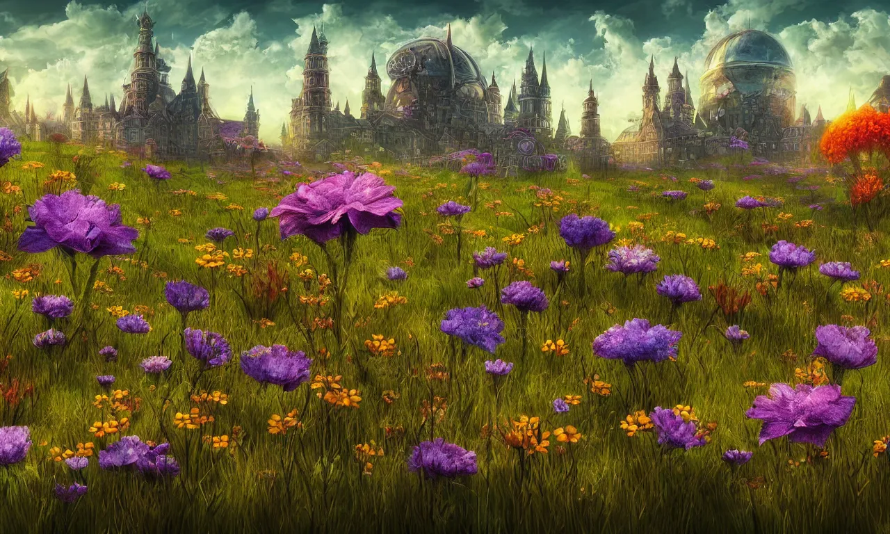 Image similar to discworld, meadow flowers, nordic noir, cityscape, digital art, 3 d illustration