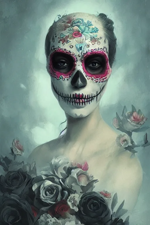 Image similar to Illustration of a sugar skull day of the dead girl, art by greg rutkowski