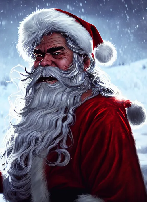 Image similar to An epic fantasy comic book style portrait painting of a long haired, evil Santa Claus in the abandoned North-pole after the apocalypse, unreal 5, DAZ, hyperrealistic, octane render, by Greg Rutkowski, RPG portrait, dynamic lighting