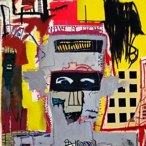 Prompt: mixed media collage basquiat style