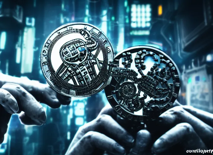 Prompt: mechanical cybernetic hand holding a coin that's worth 1 human soul in hell. centered. horror cyberpunk dystopia style. highly detailed 8 k. intricate. nikon d 8 5 0 3 0 0 mm. award winning photography.