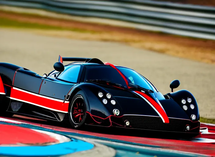 Image similar to !dream Black with red striped Pagani Zonda R cornering on a racetrack, 16K resolution, photography,