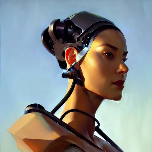 Image similar to Greg Manchess portrait painting of a woman cyborg, medium shot, asymmetrical, profile picture, Organic Painting, sunny day, Matte Painting, bold shapes, hard edges, street art, trending on artstation, by Huang Guangjian and Gil Elvgren and Sachin Teng