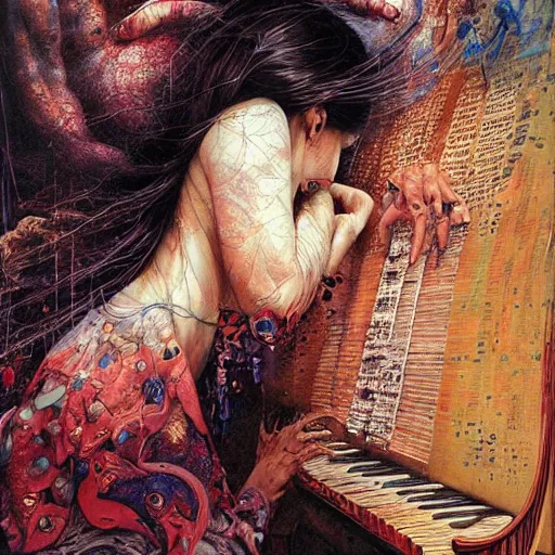 Prompt: realistic detailed UHD photorealistic The Mummy Playing Piano, by Ayami Kojima, Amano, Karol Bak, Mark Brooks, tonalism, rich deep colors. Beksinski painting, art by Adrian Ghenie and Gerhard Richter. art by Takato Yamamoto. masterpiece