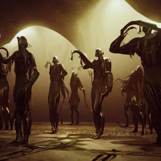 Image similar to 8 k hd detailed octane render of cultists performing an occult ritual