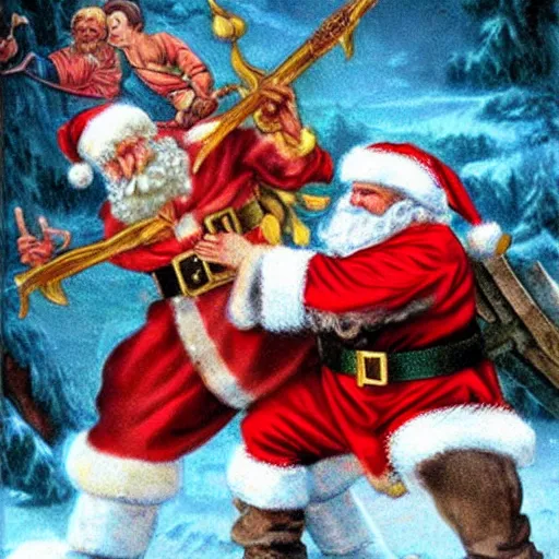 Image similar to Santa Claus vs. Jesus in an epic battle, super bloody battle, to the death