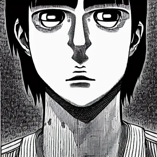 Image similar to a portrait of a 2 4 years old man made by junji ito, detailed