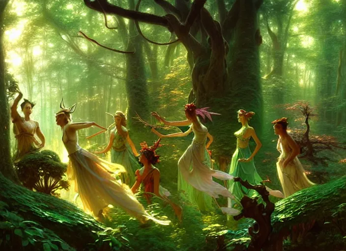 Image similar to an image of a beautiful mythical fantasy forest filled with dancing elves and fairies, by Stanley Artgerm Lau , greg rutkowski, thomas kindkade, alphonse mucha, loish, norman Rockwell