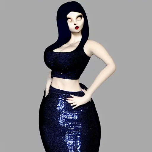 Prompt: a curvy feminine pale goth cutie with a thin waist in an elaborate tight sequined navy blue dress, cgsociety, photorealistic, sublime-comforting-elegant ambience, 16k, smooth, sharp focus, trending on ArtStation, volumetric lighting, fully clothed, worksafe
