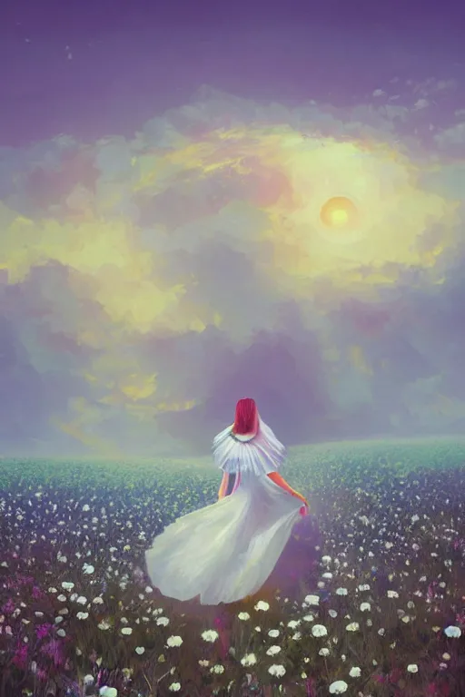 Prompt: giant white daisy flowers over face veil, girl walking in a flower field, surreal photography, sunrise, dramatic light, impressionist painting, colorful clouds, digital painting, artstation, simon stalenhag