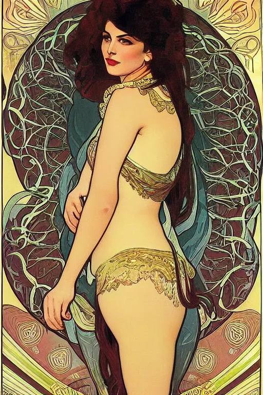 Image similar to portrait of monica belucci from the movie malena, artwork by alphonse mucha