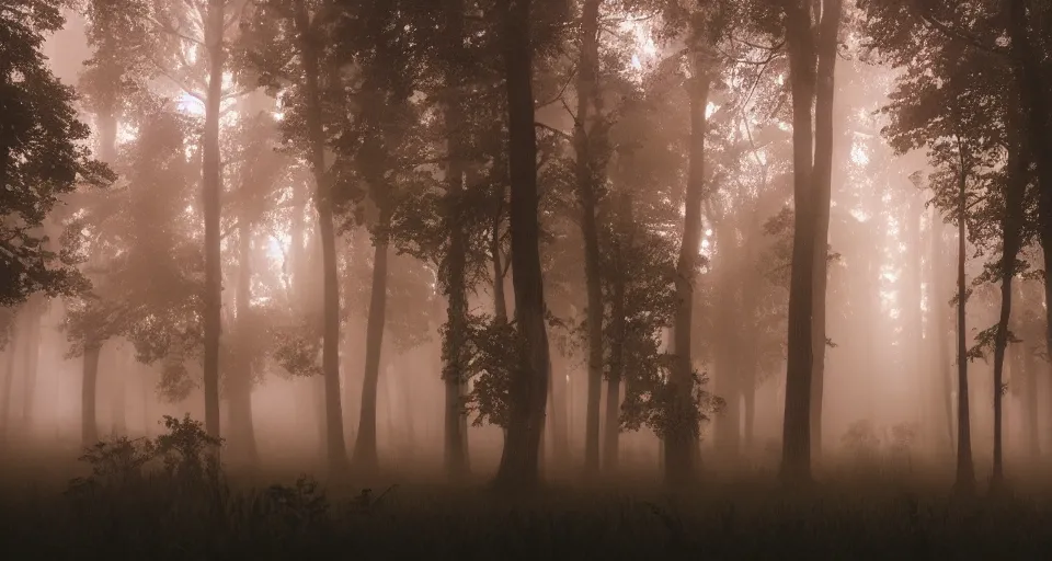 Prompt: a magical forest, thick fog, dark, fireflies flying and glowing, big trees, epic lighting, cinematic 4K