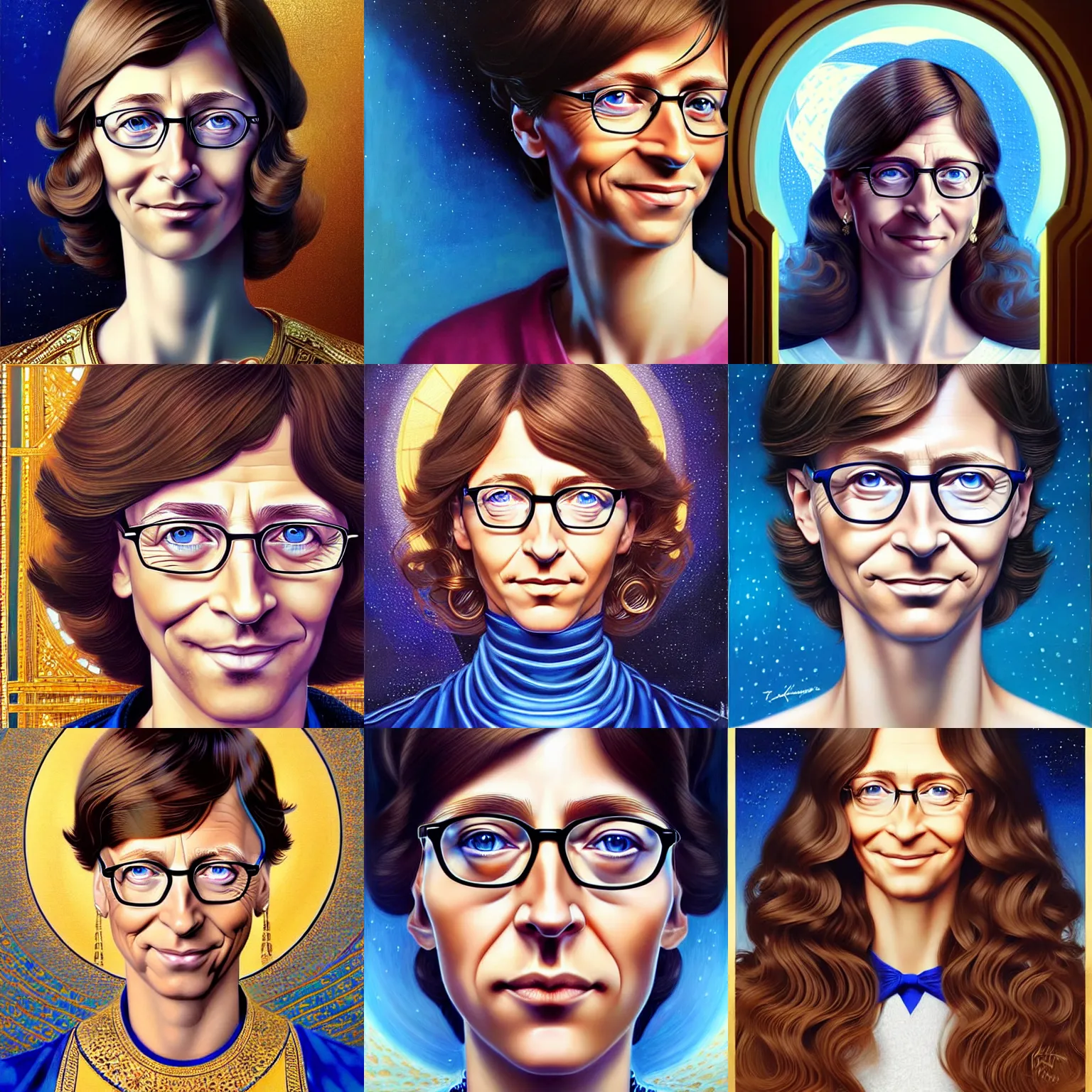 Prompt: a bill gates with short wavy curly light brown hair and blue eyes, a space empress in byzantine style. beautiful highly detailed face, painting by ilya kuvshinov