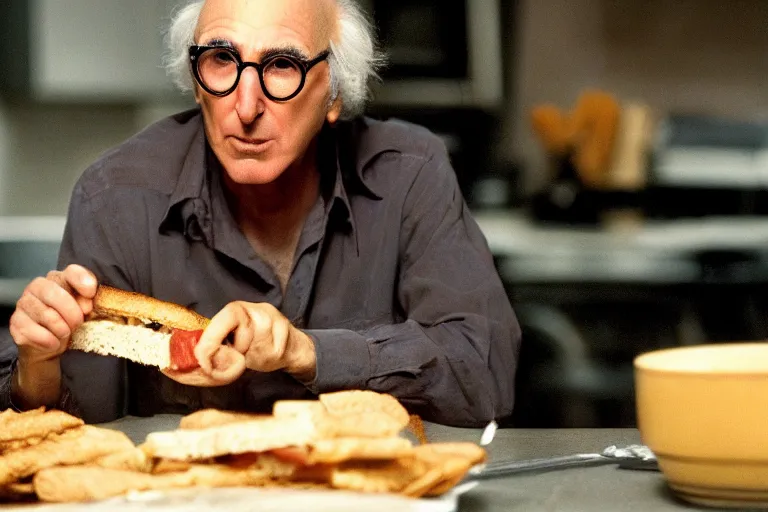 Image similar to larry david eating a sandwich, horror film still, dark atmosphere, found footage, nightmare, unsettling, cinematic, dim lighting, pain, agony, suffering