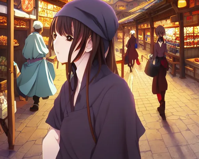 Prompt: anime visual, portrait of a young female traveler in an open medieval market shopping, cute face by katsura masakazu, yoh yoshinari, cinematic luts, cold studio lighting, dynamic pose, dynamic perspective, strong silhouette, anime cels, murata range, cel shaded, rounded eyes