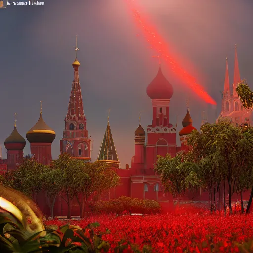 Prompt: a big explosion in the form of cotton plant in Red Square Kremlin, horrifying dynamic lighting, cinematic, extremely high detail, photo realistic, cinematic lighting, post processed, concept art, artstation, matte painting, unreal engine 8k