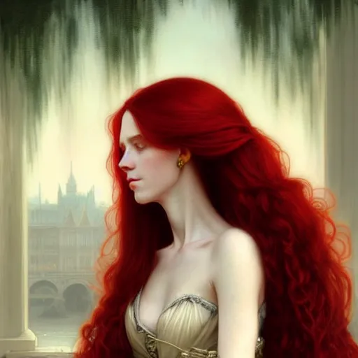 Prompt: long fancy red hair aristocrat, portrait, gentle, solemn face, cloth, female, city background, d & d, fantasy, intricate, elegant, digital painting, red green color palette, artstation, octane render, concept art, matte, sharp focus, illustration, herrarthstone, art by artgerm and greg rutkowski and alphonse mucha