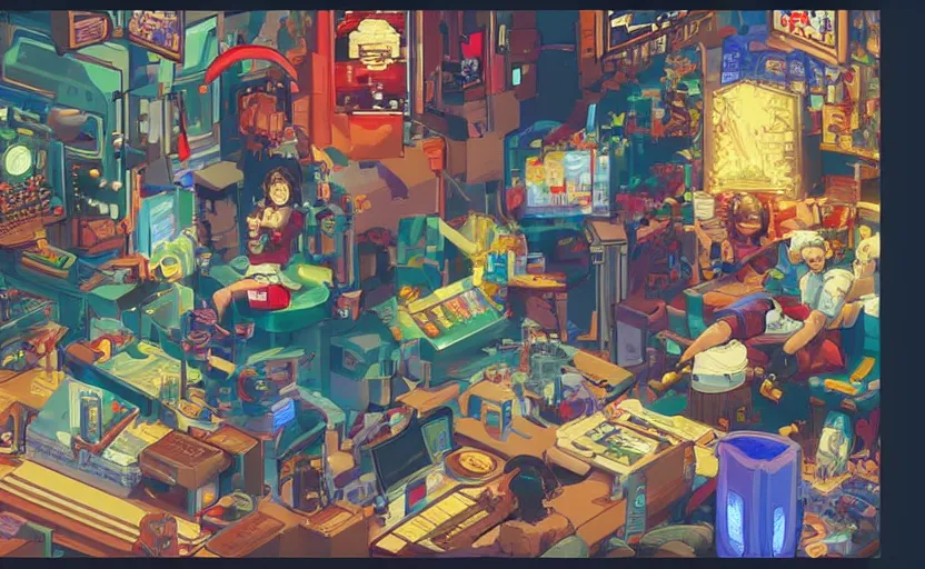 Prompt: Smooth. Close Highly detailed masterpiece professional artistry Sega, Namco, Neogeo, Capcom arcade styled Pixel-art. Trending on artstation. Slice-of-life genre art. Balanced colors and lighting scheme by James Gurney and artgerm. In the style of a 'Music to chill/study' to youtube video. Character sitting and relaxing in front of their work desk in their cozy room as a peaceful scene is seen through the room's window.