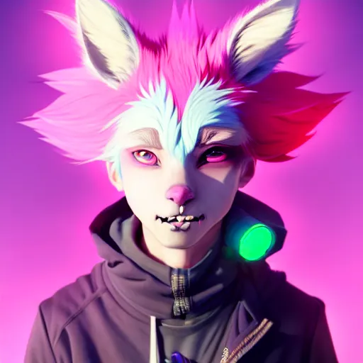 Image similar to a beautiful portrait of a handsome anime male boy with pink hair and pink wolf ears and green eyes wearing cyberpunk clothes. character design by cory loftis, fenghua zhong, ryohei hase, ismail inceoglu and ruan jia. artstation, volumetric light, detailed, photorealistic, fantasy, rendered in octane