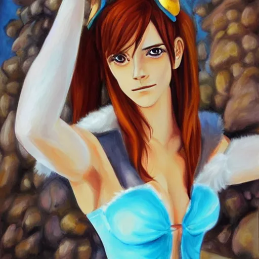 Image similar to beautiful emma watson cosplay as nami from one piece, oil painting.