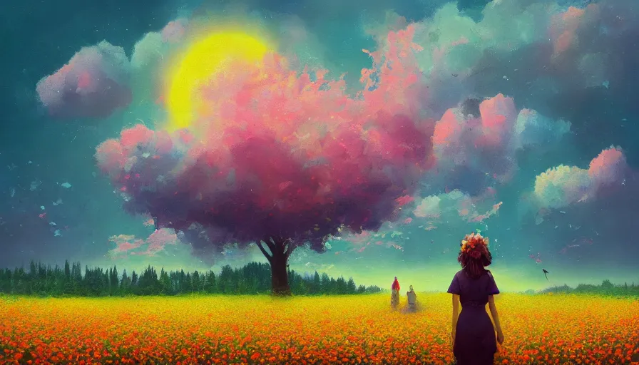 Image similar to girl with a flower face, surreal photography, dream, standing in flower field, hills, big trees, sunrise dramatic light, impressionist painting, colorful clouds, digital painting, pointillism, artstation, simon stalenhag, flower face