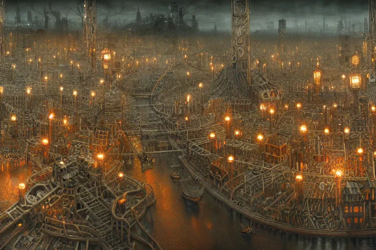 Image similar to an elaborate penned illustration of a apocalyptic intricate connected city of tubes and pipes, muted colors, copper pipers, by jan van haasteren and jheronimus bosch, unreal engine, physically based rendering, ariel view, tilt - shift, grim, moody, shiny, reflective, cinematic