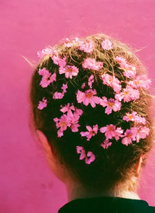 Prompt: extra close-up, color film photography, the back of a woman\'s head with interwoven flowers against a pink wall, daylight, 35mm