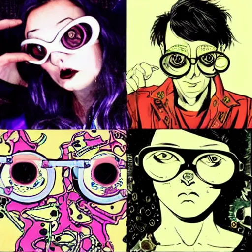 Image similar to a eccentric goth guy wearing goggles and eclectic jewelry, small details, aesthetic!!!, by harumi hironaka, by moebius, by geof darrow, by jamie hewlett,