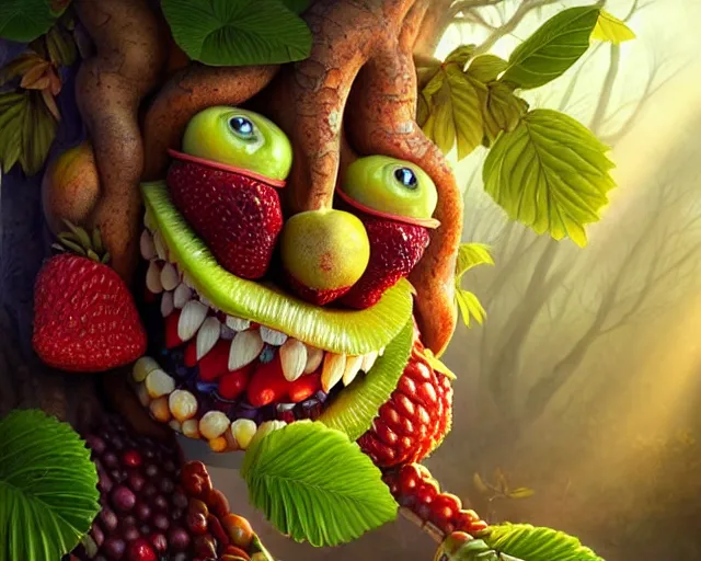 Image similar to a fruit monster made of different fruit, 3 7 1, walking around in forest, detailed mouth, detailed eyes, forest background, trees and flowers, trees in foreground, rays of golden sunlight, oil painting, highly detailed, dramatic lighting, hyperrealistic, smooth, intricate, artstation, cgsociety, by artgerm, by wlop