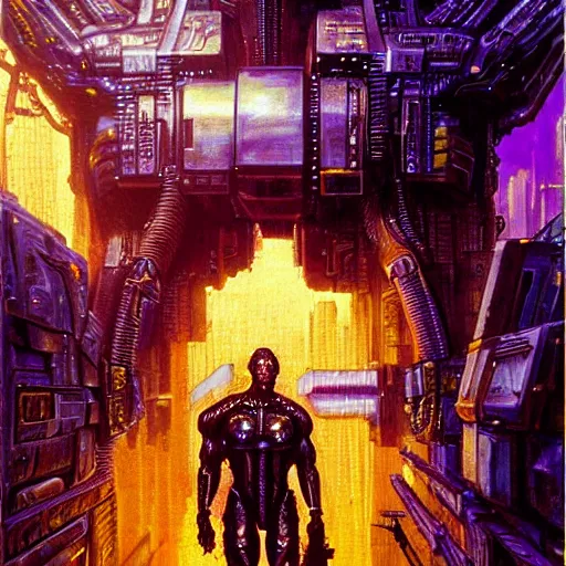 Image similar to schwarzenegger as cyberpunk xenohunter, atmospheric lighting, painted, intricate, golden and purple hour, ultra detailed by peter gric, giger, enki bilal