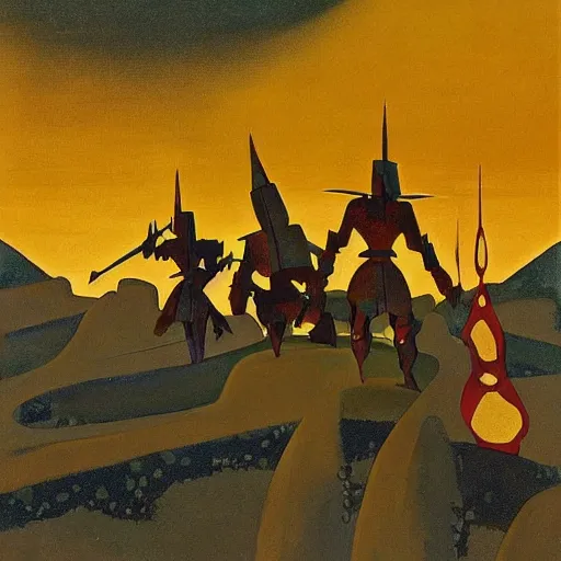 Image similar to a painting of shining metal medieval armors soldiers on the ground by eyvind earle by bruce pennington nicholas roerich, by frank frazetta, by amano, by georgia o keeffe, reflective metallic