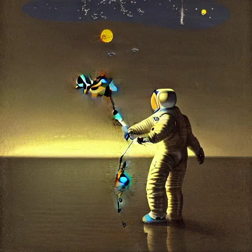 Prompt: astronaut in a spacesuit fishing and catching fish with a fishing rod from the crescent of the moon, realism, landscape