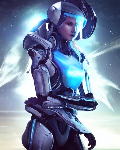 Image similar to perfect android girl on a mothership, warframe armor, beautiful face, scifi, futuristic, galaxy, nebula, raytracing, dreamy, long white hair, blue cyborg eyes, sharp focus, cinematic lighting, highly detailed, artstation, divine, by gauthier leblanc, kazuya takahashi, huifeng huang