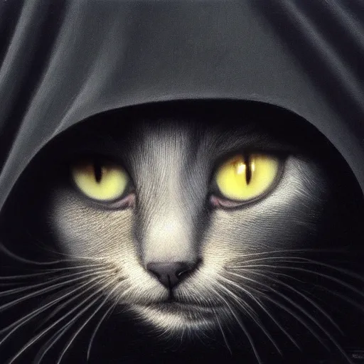 Image similar to a portrait of a kitten wearing a black hood, cloak covering face, anatomically correct, beautiful perfect face, enigmatic, oil painting, matte, black background, Volumetric dynamic lighting, Highly Detailed, Cinematic Lighting, Unreal Engine, 8k, HD, by Beksinski