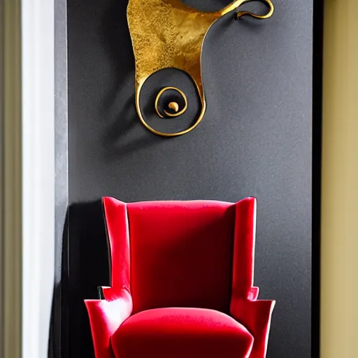 Image similar to a red chair, surrounded by sinuous gold tools, at the end of a black reflective marble hallway