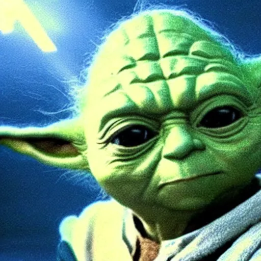 Image similar to a film still of yoda's spirit as a luminescent hologram type thing in star wars realistic, detailed