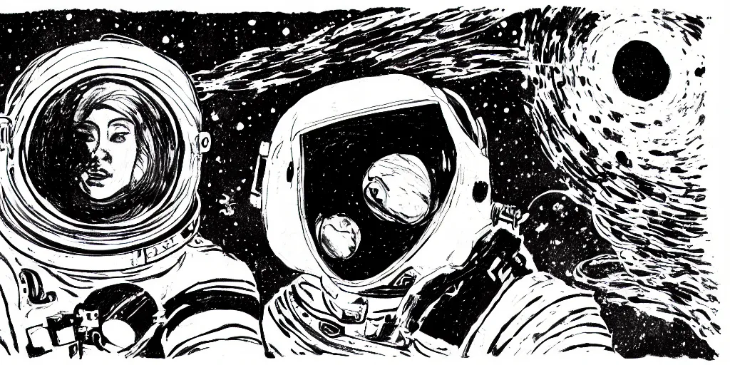 Image similar to ink lineart drawing of a lone female astronaut floating in space, wide angle, space background, artstation, etchings by goya, chinese brush pen, illustration, high contrast, deep black tones contour