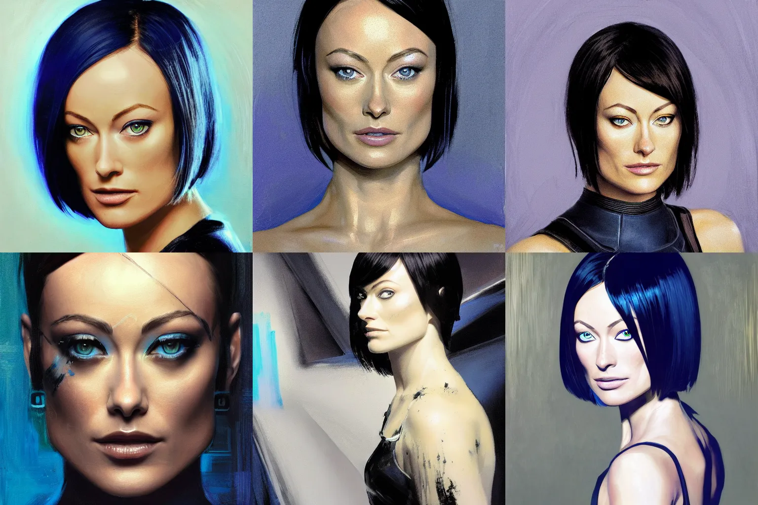 Prompt: portrait of olivia wilde as quorra on white background, medium length black bob cut hair, tron legacy setting, close - up, intricate details, mysterious feeling, dramatic, atmospheric, muddy colors, blue filter, broad brush strokes by gregory manchess and ilya kuvshinov, oil on canvas, 8 k