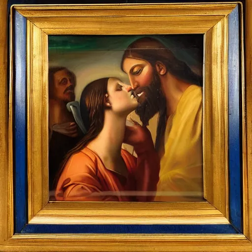 Image similar to 1 8 th oil panting of a jesus kissing a woman