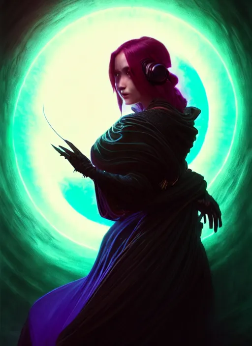 Image similar to side portrait, dark witch with black hood and evil eyes, gloomhaven, soft, smooth, luminescent, art nouveau tarot, backlit glow, colorful swirly ripples, gaudy colors, aesthetic octane render, unreal engine, 8 k, by artgerm, greg rutkowski, alphonse mucha