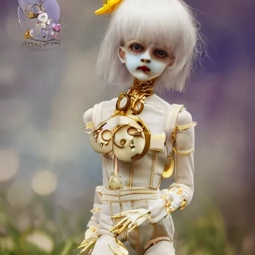 Prompt: lovely realistic ball jointed high end lapis lazuli porcelain with gold inclusions skeleton doll with cute white yellow overalls and cute nature themed accessories, inside gothic doll manor bedroom, god rays, dust particles, photorealistic, aesthetic shot, worms eye view, macro camera lens, high definition, cartoon proportions, cinematic, lens flare