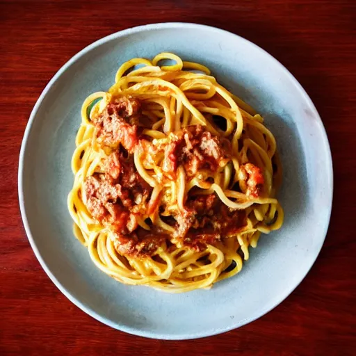 Prompt: an ouroboros atop a plate of spaghetti