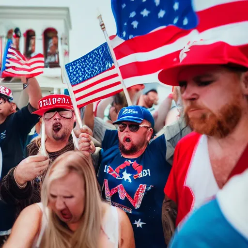 Image similar to maga supporters worshipping a sausage, canon eos r 3, f / 1. 4, iso 2 0 0, 1 / 1 6 0 s, 8 k, raw, unedited, symmetrical balance, full shot