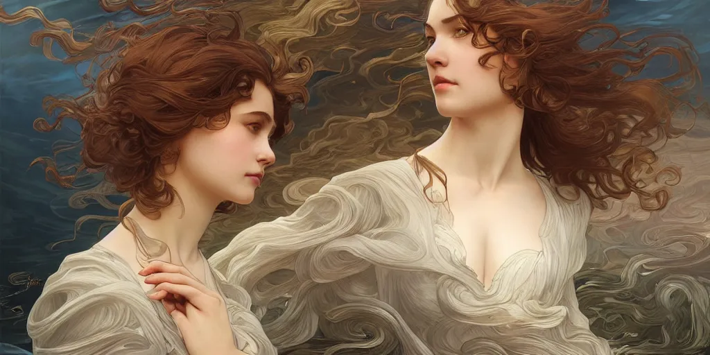 Image similar to inside the curl of a wave, elegant, highly detailed, digital painting, artstation, concept art, smooth, sharp focus, illustration, ArtStation, art by artgerm and greg rutkowski and alphonse mucha and J. C. Leyendecker and Edmund Blair Leighton and Charlie Bowater