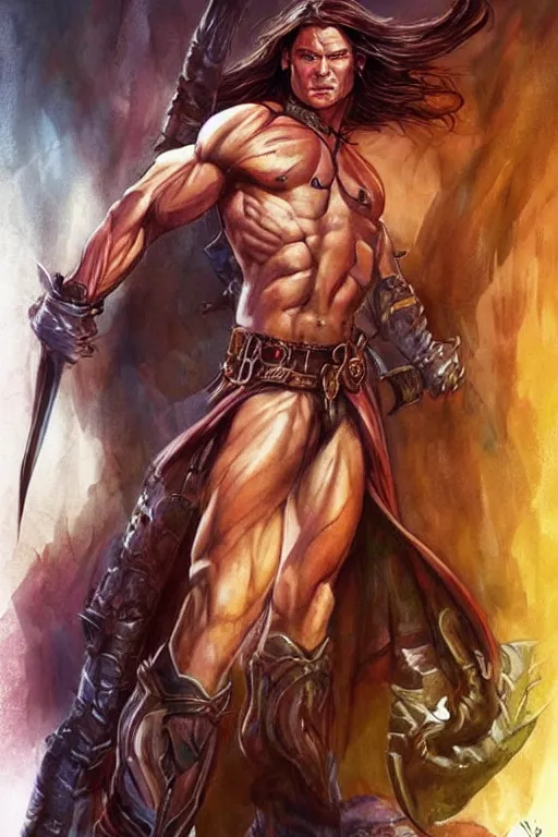 Image similar to portrait of pretty muscular sam winchester as a irish warrior mage alternative universe, muscular body tattooed, d & d!, fantasy style, sharp focus!, ultra detailed, art by artgerm and peter andrew jones, wlop