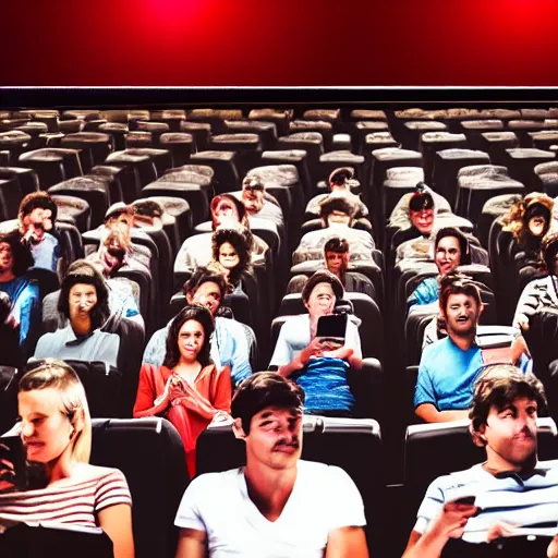 Image similar to movie theatre of people looking down at their cell phones while the movie is showing. image taken at front of theatre looking towards the crowd. dark only light coming from the screen. audience illuminated