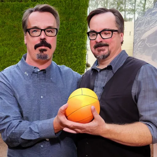 Image similar to vince gilligan holding giving two balls to thomas schnauz