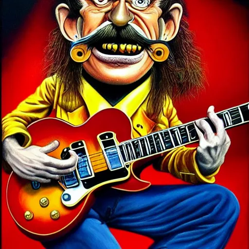 Image similar to beautiful lifelike painting of barry chuckle shredding on a gibson les paul, furious guitar solo, hyperreal detailed facial features and uv lighting, art by ed roth and basil wolverton