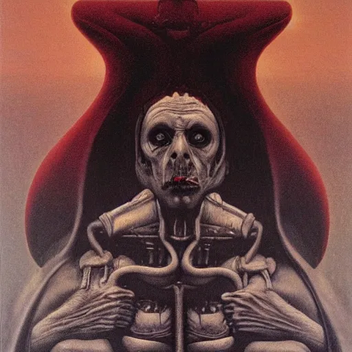 Image similar to inquisitor of Mephistopheles portrait by gerald brom and Zdzisław Beksiński, darkwave